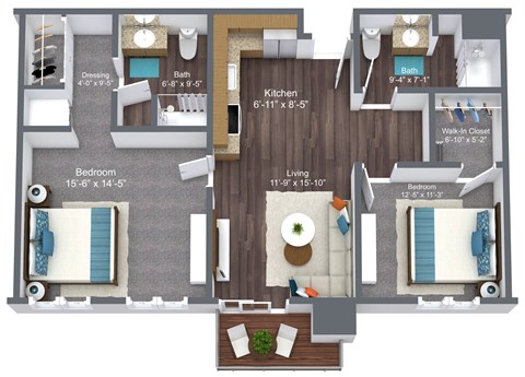 Floor plan for 2 beds, 2 baths, 1010 sqft